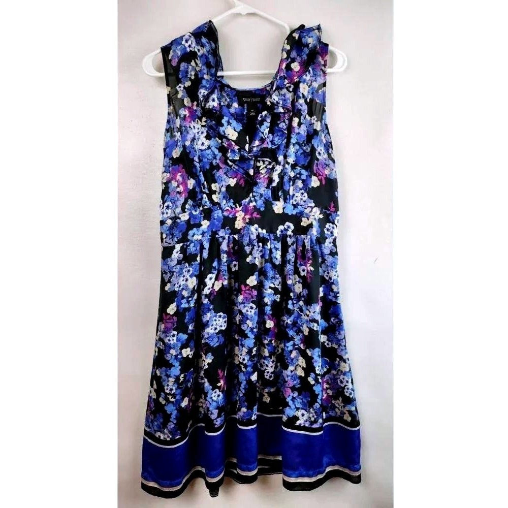White House Black Market Dress Womens 12 Blue Floral Ruffle Silk Sleeveless Mini